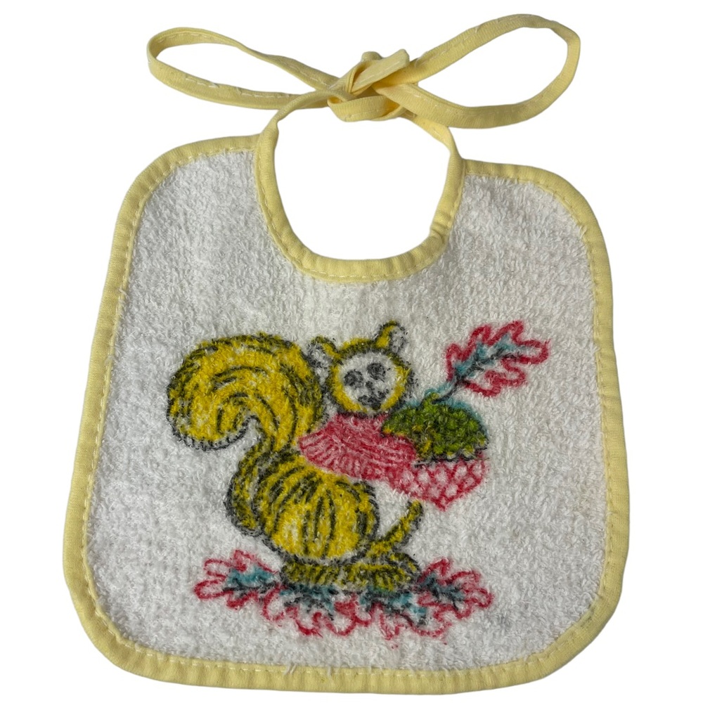 Vintage Squirrel Acorn Oak Leaf Tie-up Baby Bib Infant Nature Red Yellow Photos